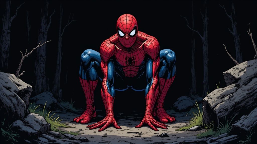 Spider-Man agachado en un bosque oscuro y rocoso, con una mirada intensa.