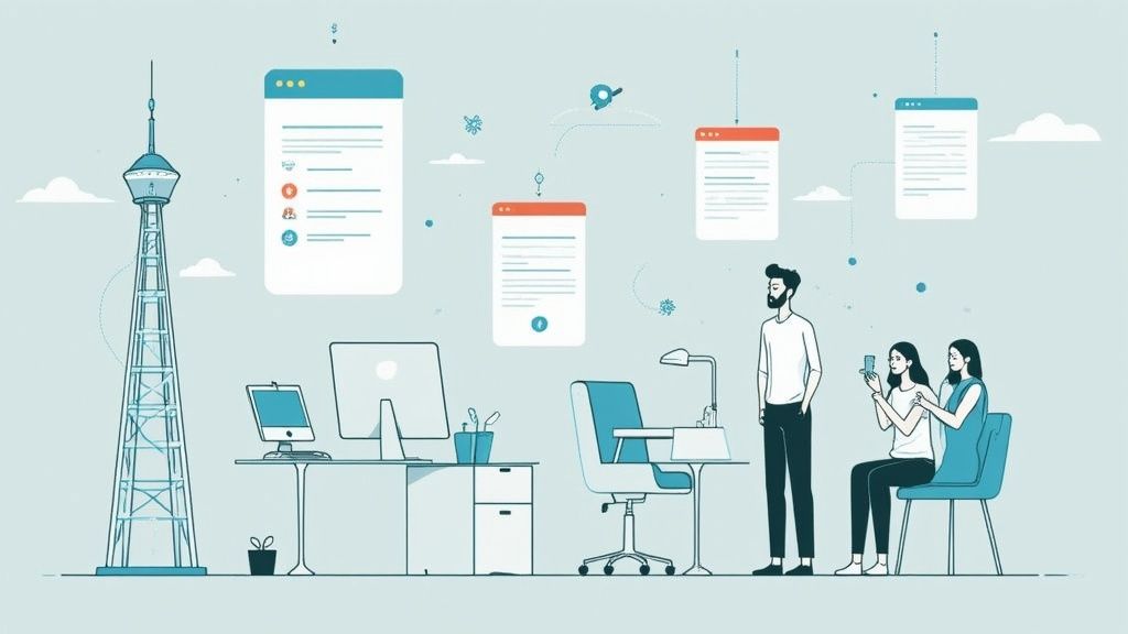 Ilustración de una oficina moderna con personas, ordenadores, páginas web y una torre, simbolizando conectividad digital.