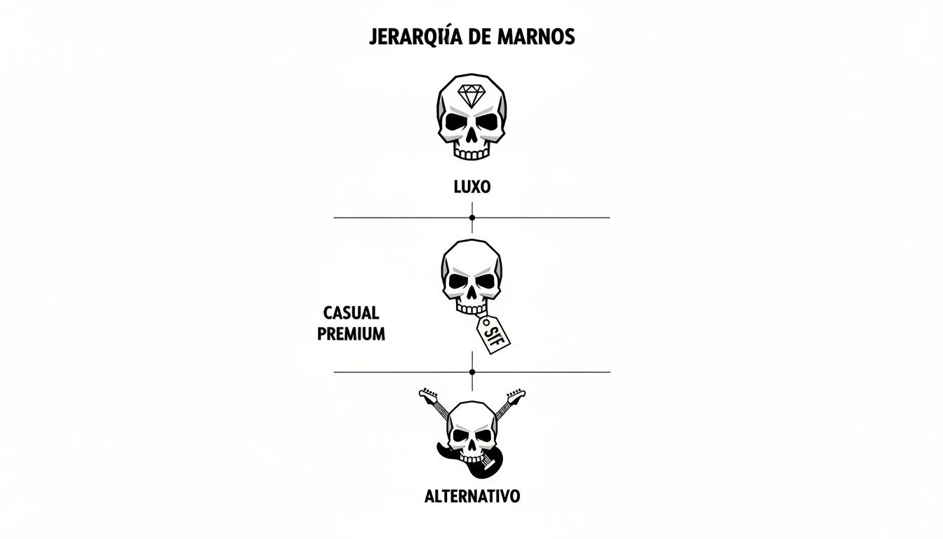 Jerarquía de estilos de calaveras: Lujo con diamante, Casual Premium con etiqueta y Alternativo con guitarras.