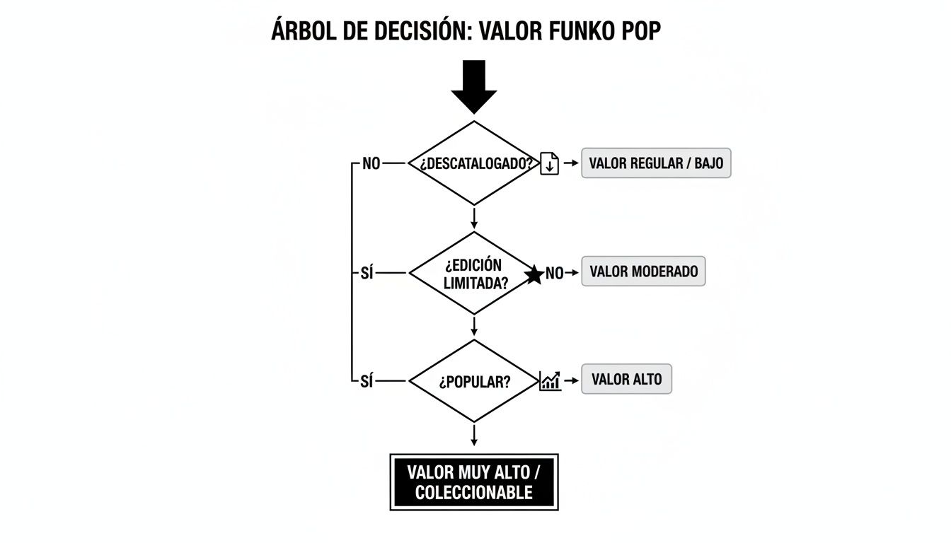Diagrama de flujo que evalúa el valor de un Funko Pop según si está descatalogado, es edición limitada o popular.