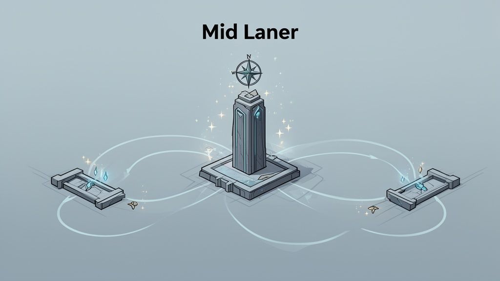 Un diagrama isométrico que ilustra el rol del 'Mid Laner' con una torre central, estructuras laterales y flechas de movimiento.