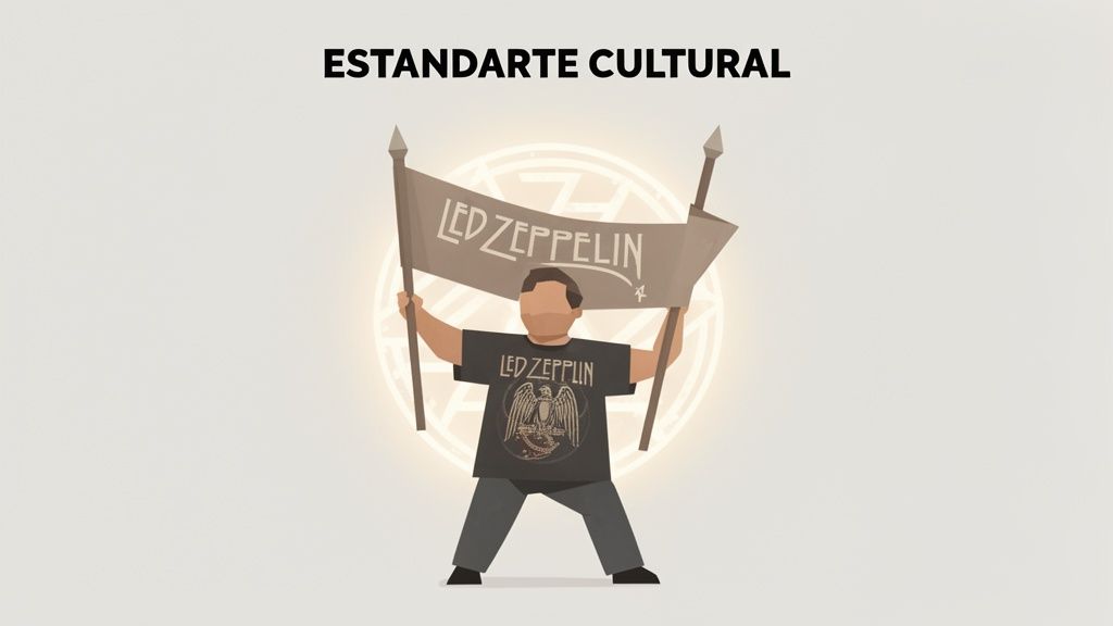 Un hombre con una camiseta de Led Zeppelin sostiene un estandarte de Led Zeppelin bajo el texto "ESTANDARTE CULTURAL".