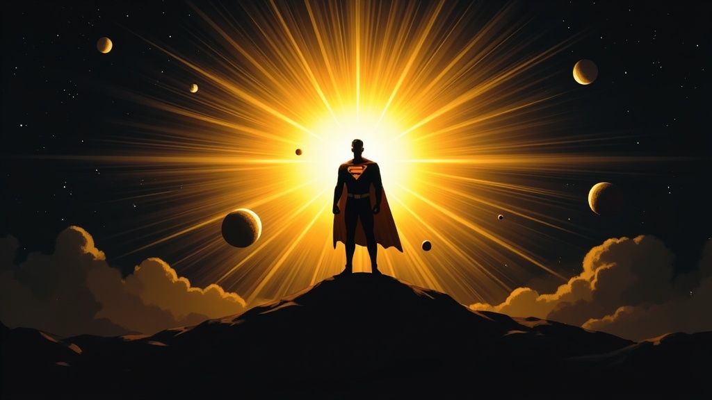 Superman en silueta sobre una colina, con una brillante luz dorada y planetas en el cielo.