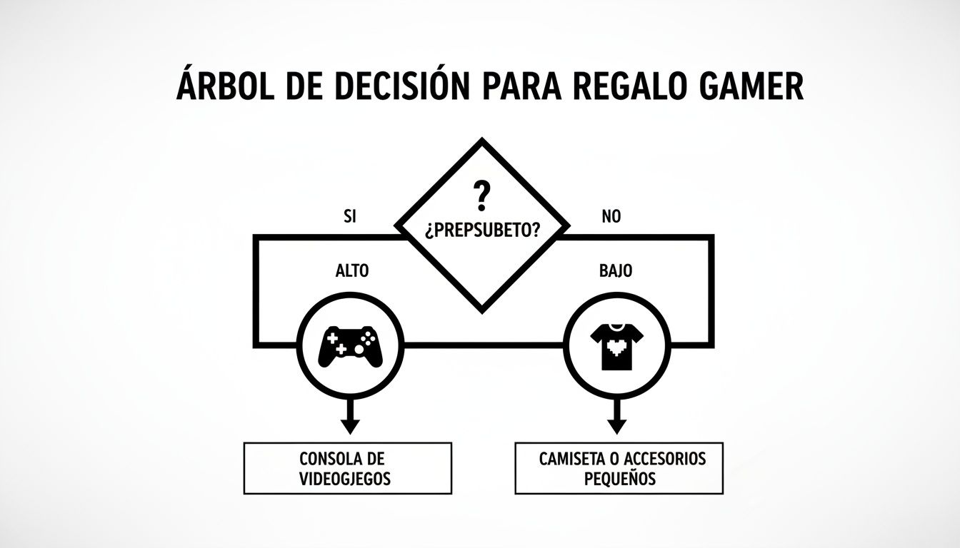 Árbol de decisión para elegir un regalo gamer. Pregunta sobre presupuesto para decidir entre consola o accesorios pequeños.