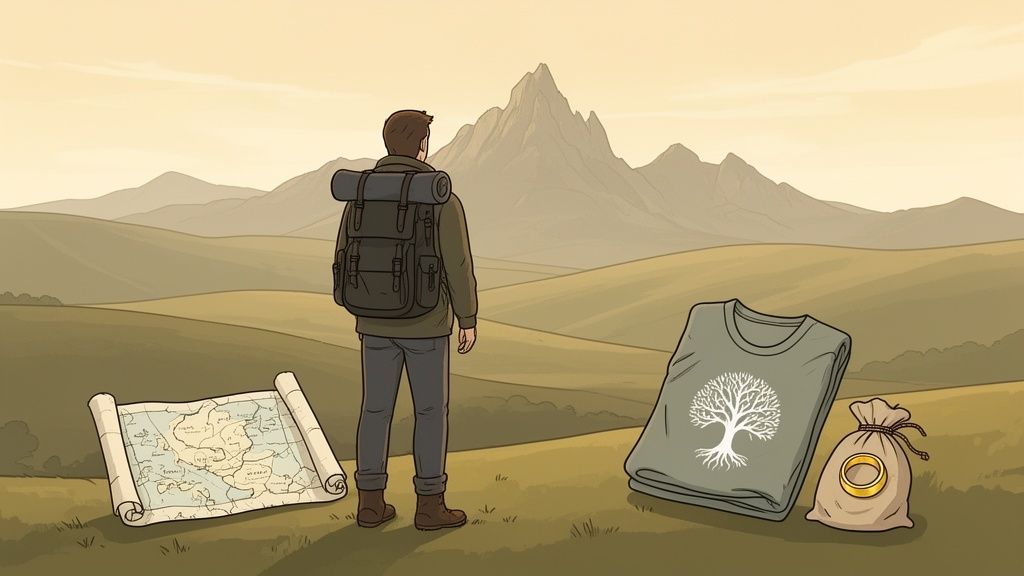 Un aventurero con mochila mira una montaña, con un mapa, una camiseta del árbol blanco y un anillo en primer plano.