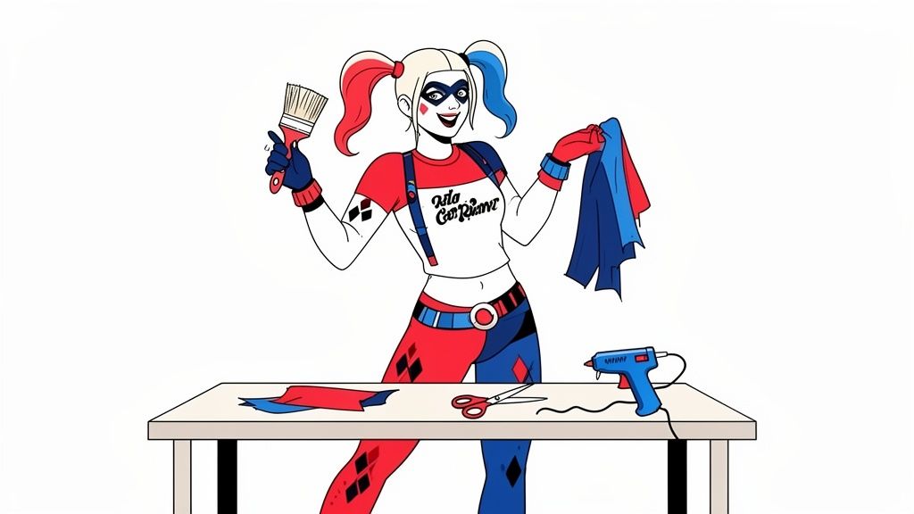 Harley Quinn sonriente con pincel y tela, lista para un proyecto de bricolaje, con suministros en la mesa.