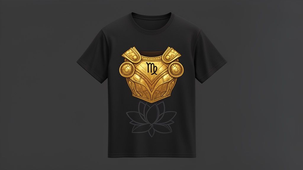 Camiseta negra con armadura dorada de pecho y símbolo de Virgo, con un contorno de loto.