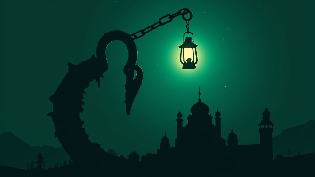 Una escena nocturna mística con una linterna brillante colgando sobre una silueta de mezquita y montañas.