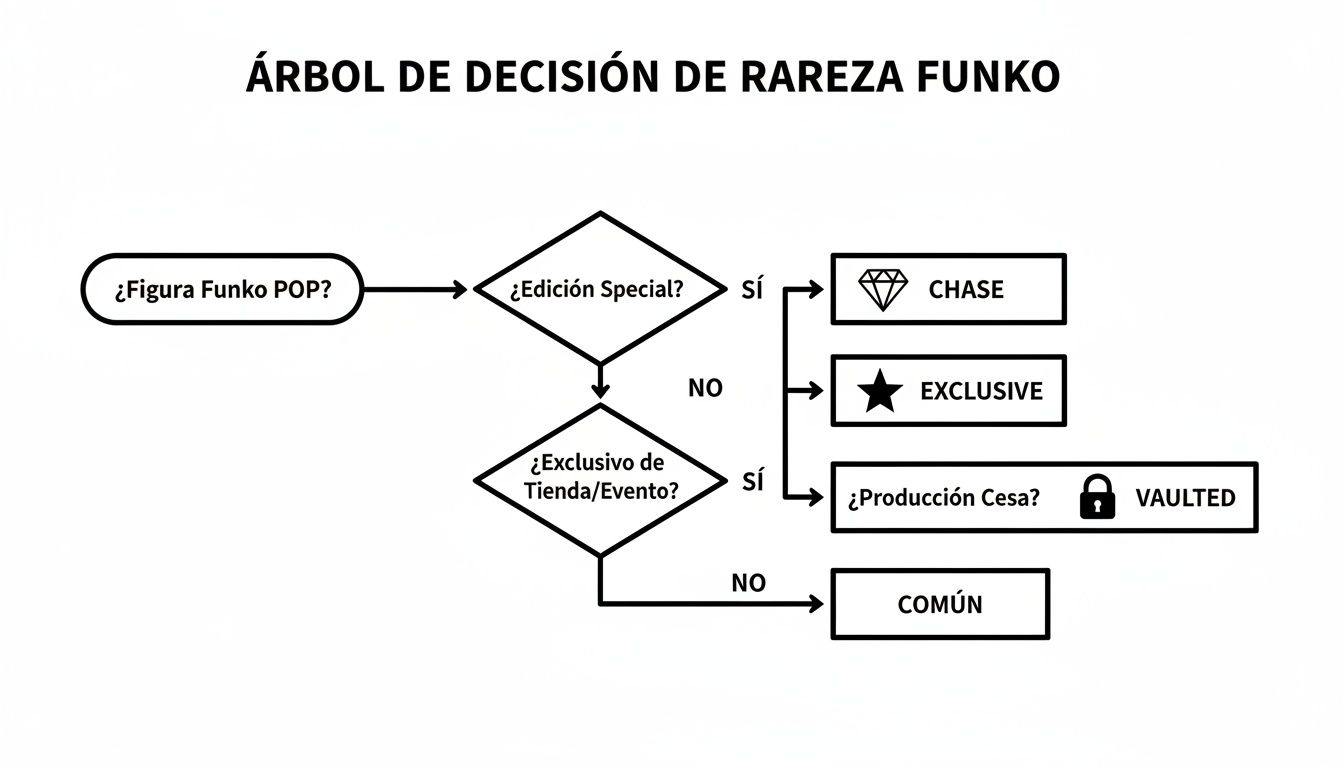 Diagrama de flujo que muestra el árbol de decisión para determinar la rareza de una figura Funko POP.