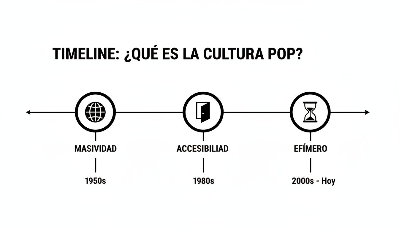 Línea de tiempo explicando la cultura pop a través de sus etapas: masividad, accesibilidad y lo efímero, con sus respectivas décadas.
