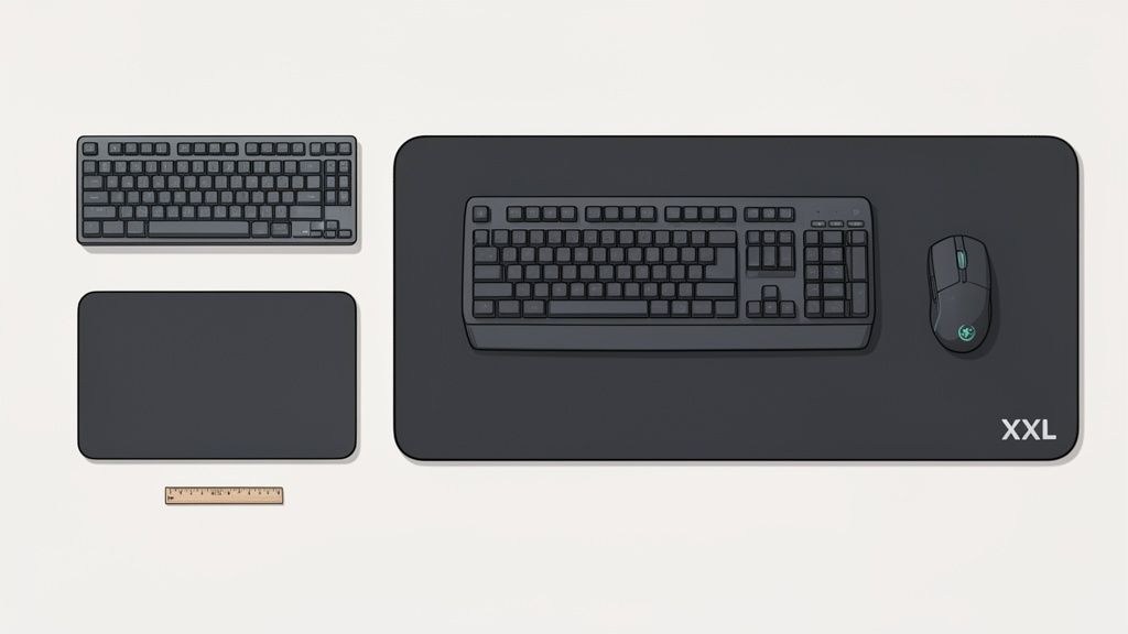 Comparación de tamaños de teclados y alfombrillas de ratón, incluyendo una alfombrilla XXL, con una regla para escala.