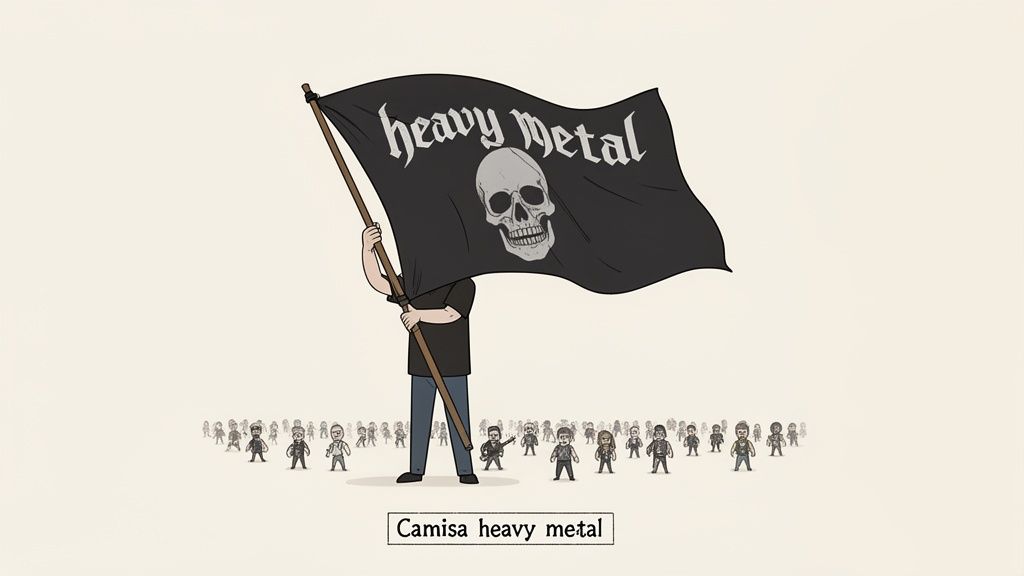 Una persona sostiene una bandera negra con el texto 'heavy metal' y una calavera, rodeada de una multitud.