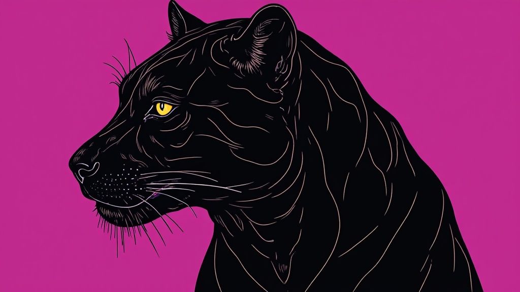 Ilustración de una pantera negra con ojos amarillos y contornos negros, sobre un vibrante fondo magenta.