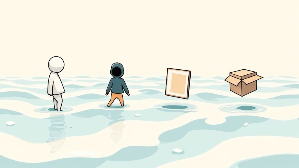 Dibujo de dos personajes minimalistas y objetos flotando en agua ondulada, sobre fondo claro.