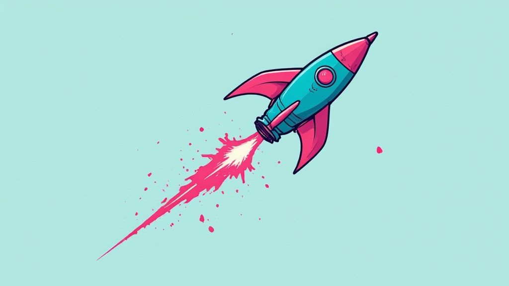 Cohete de dibujos animados de colores vibrantes despegando con una estela de humo rosa y blanco sobre fondo azul claro.