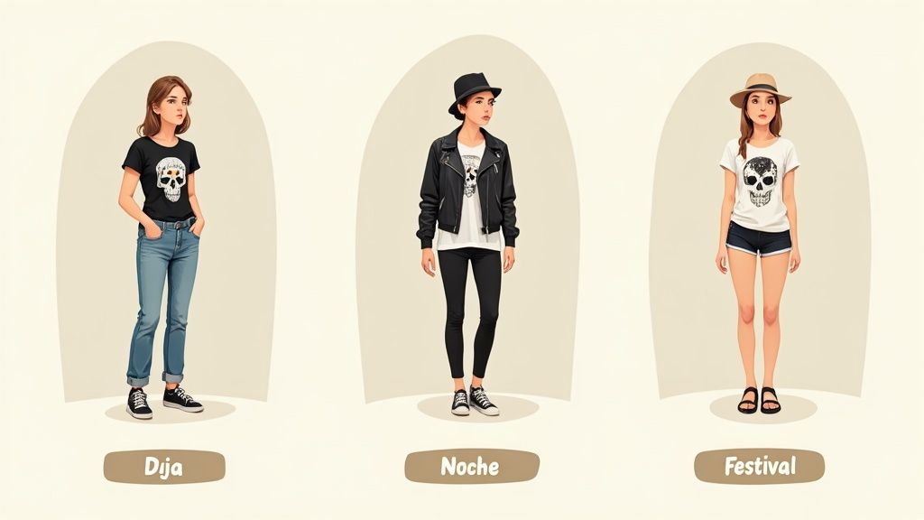 Tres mujeres en diferentes atuendos con camisetas de calaveras para día, noche y festival.