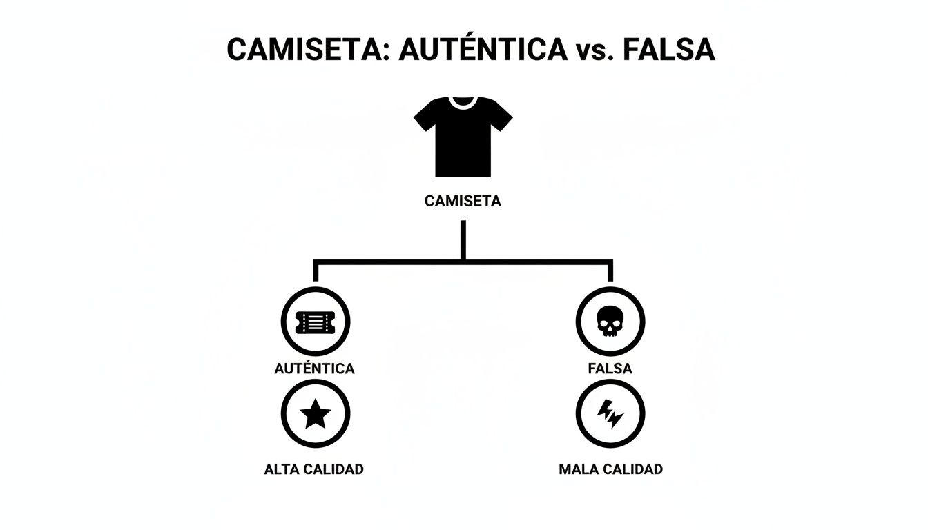 Diagrama que compara camisetas auténticas y falsas, destacando características como calidad y legitimidad con iconos.