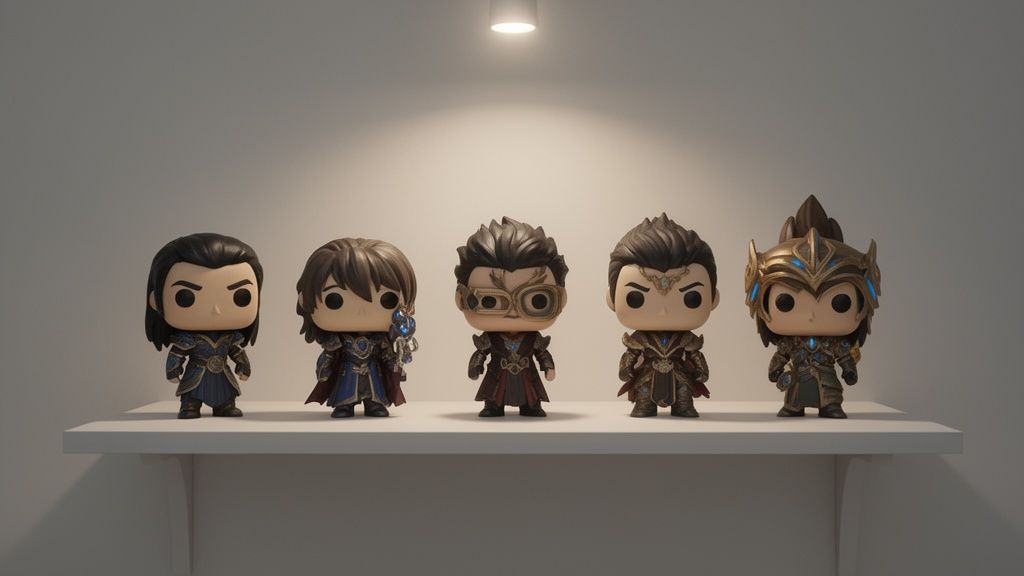Cinco figuras Funko Pop de personajes de League of Legends con atuendos elaborados, alineadas en un estante iluminado.