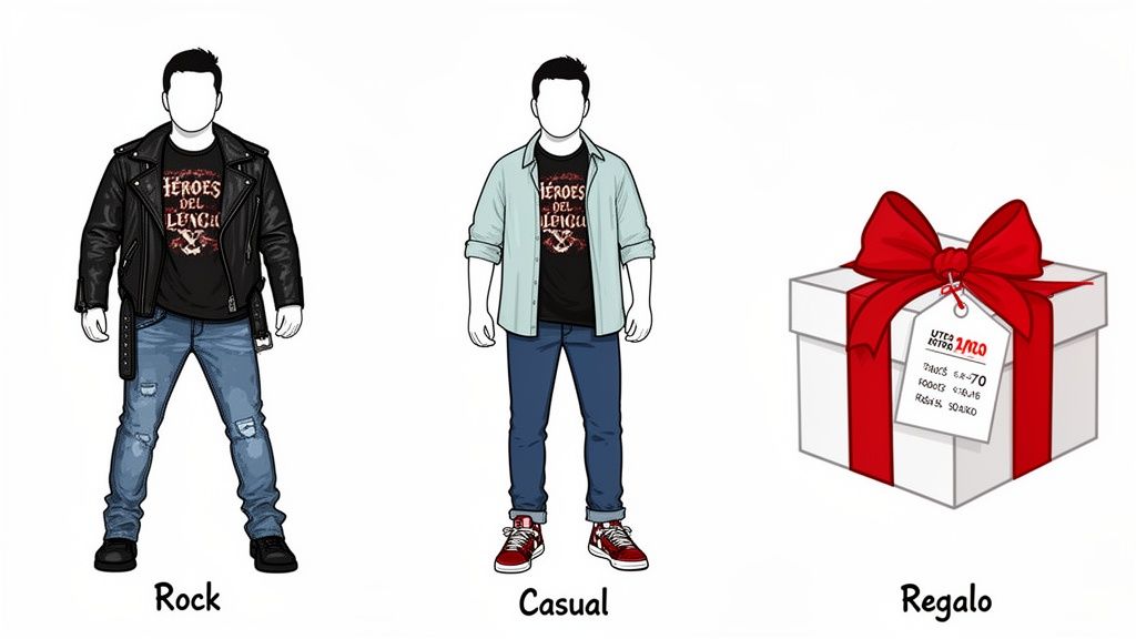 Dos hombres con camisetas de Héroes del Silencio, uno estilo rock y otro casual, junto a una caja de regalo.