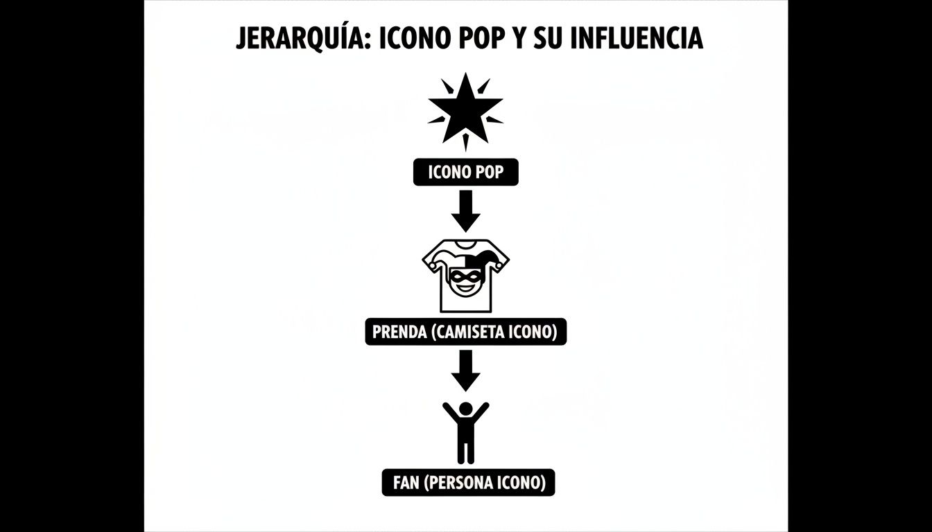 Diagrama que ilustra la jerarquía de un icono pop, su camiseta y la influencia en sus fans.