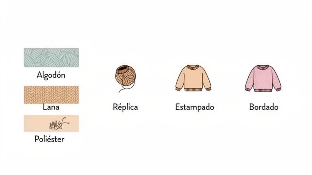 Ilustración con tipos de tejido (algodón, lana, poliéster), ovillo y jerséis estampado y bordado.