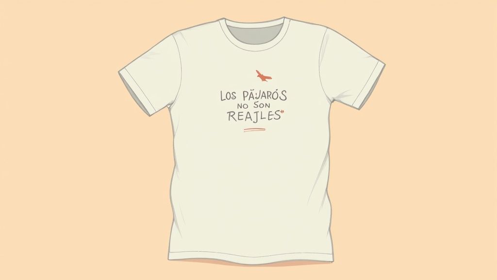 Camiseta crema con la frase humorística 'LOS PÁJAROS NO SON REALES' y un ícono de pájaro.
