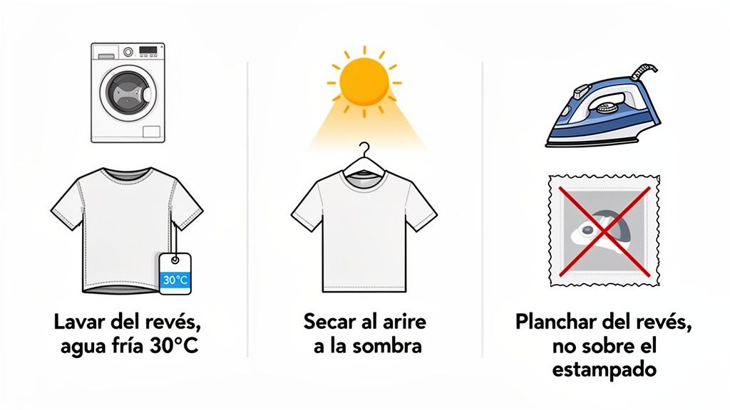 Instrucciones de lavado y cuidado para camisetas: lavar del revés, secar a la sombra, planchar sin tocar el estampado.