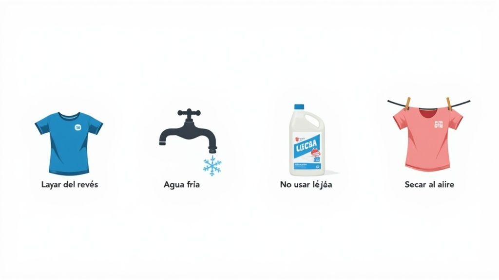 Instrucciones de lavado para camisetas: lavar del revés, agua fría, no usar lejía, secar al aire.