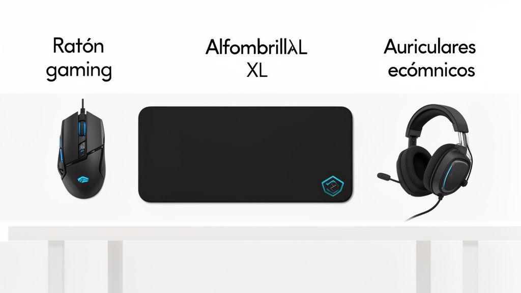 Un conjunto de periféricos para gamers: ratón, alfombrilla XL y auriculares con micrófono, listos para jugar.