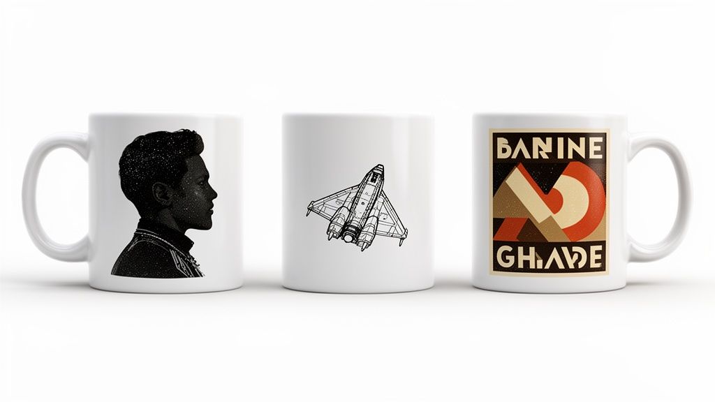 Tres tazas blancas exhiben distintos diseños: un perfil estelar de un hombre, una nave espacial y un póster geométrico.