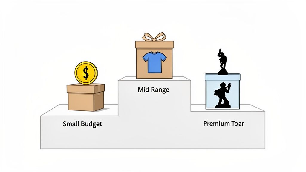 Una infografía muestra tres niveles de presupuesto para regalos: pequeño, medio y premium, con ejemplos de artículos.