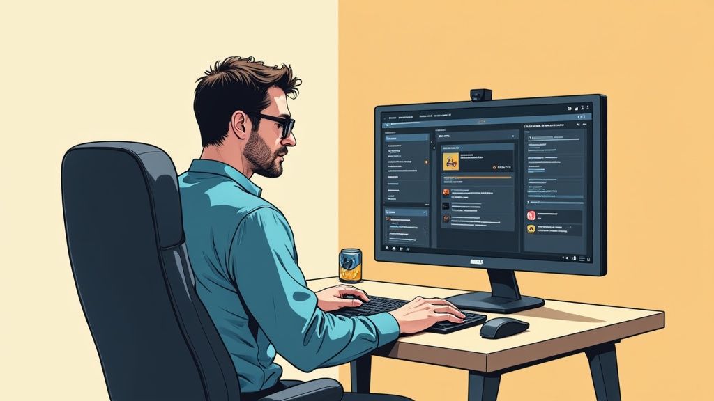 Hombre con gafas trabajando en su escritorio con monitor, teclado y ratón. Interfaz de software oscuro.