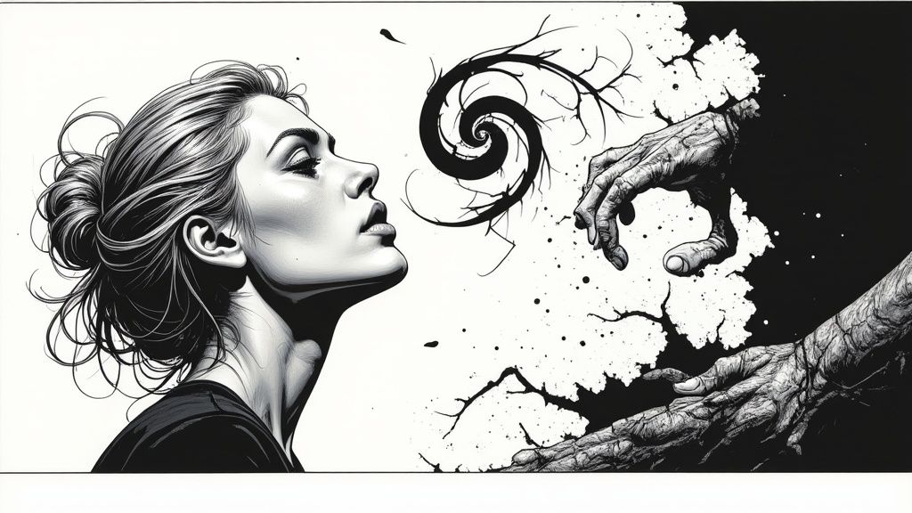 Ilustración en blanco y negro de una mujer mirando un espiral oscuro con manos esqueléticas y ramas.