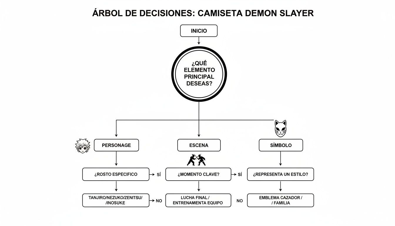 Diagrama de flujo para elegir una camiseta de Demon Slayer basada en personajes, escenas o símbolos.