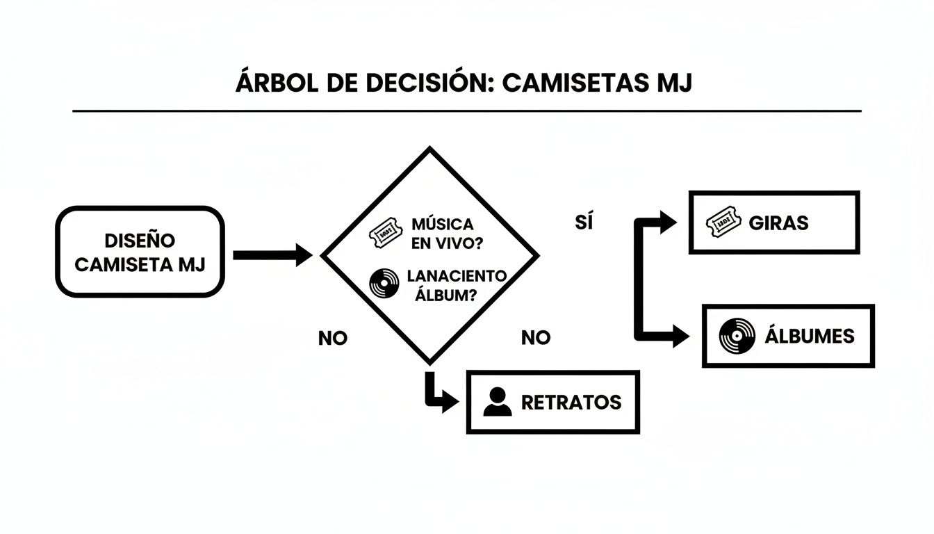 Diagrama de flujo para diseños de camisetas de Michael Jackson, categorizando por música en vivo, álbumes y retratos.