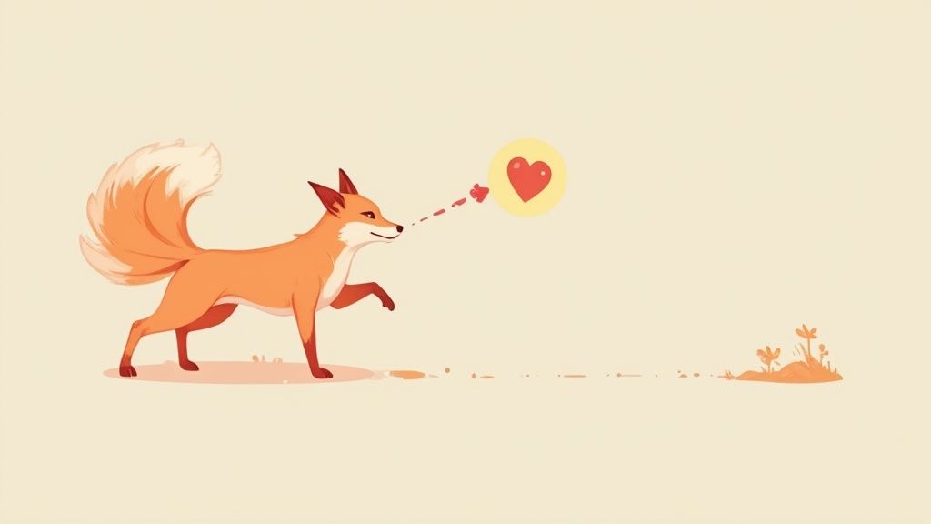 Un zorro naranja sonriente envía corazones rojos a un corazón grande en un círculo amarillo.