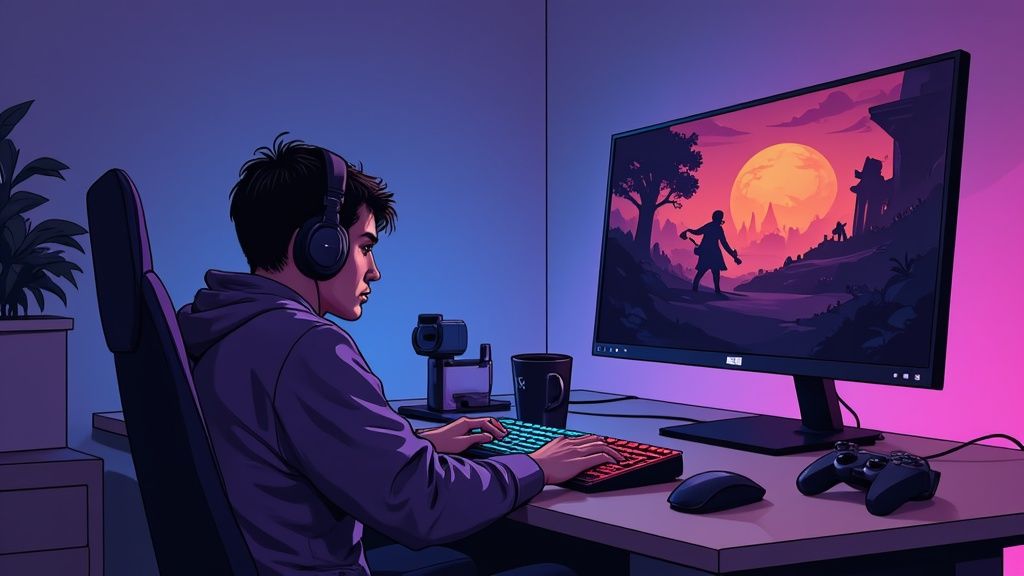 Un joven gamer con auriculares jugando un videojuego de fantasía en su escritorio iluminado con luces de neón.