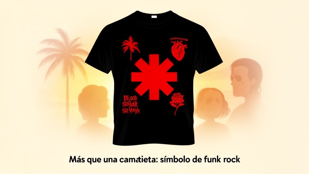 Camiseta negra con logo rojo de Red Hot Chili Peppers y motivos de la banda, sobre un fondo de atardecer.