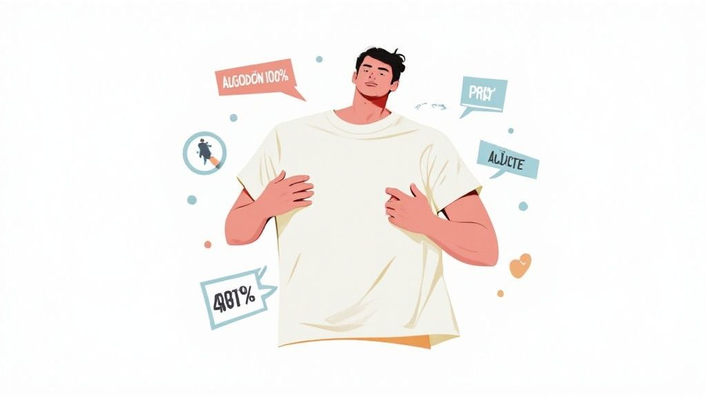 Ilustración de un hombre mostrando una camiseta blanca con etiquetas de algodón y porcentajes.