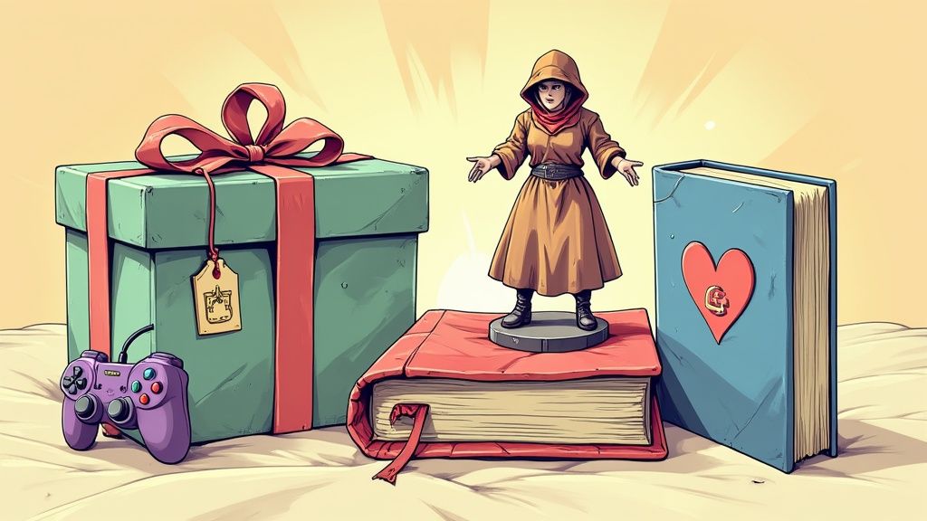 Una caja de regalo verde con lazo rojo, un mando de videojuegos, una figura encapuchada sobre un libro y otro libro azul con un corazón.