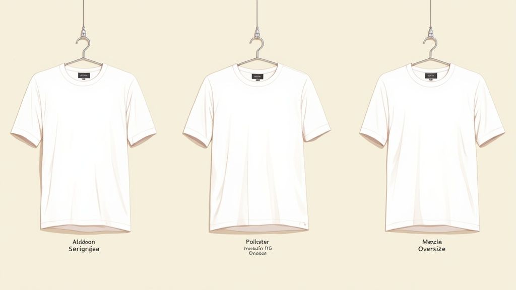 Tres camisetas blancas de diferentes estilos y materiales cuelgan en perchas con sus etiquetas.