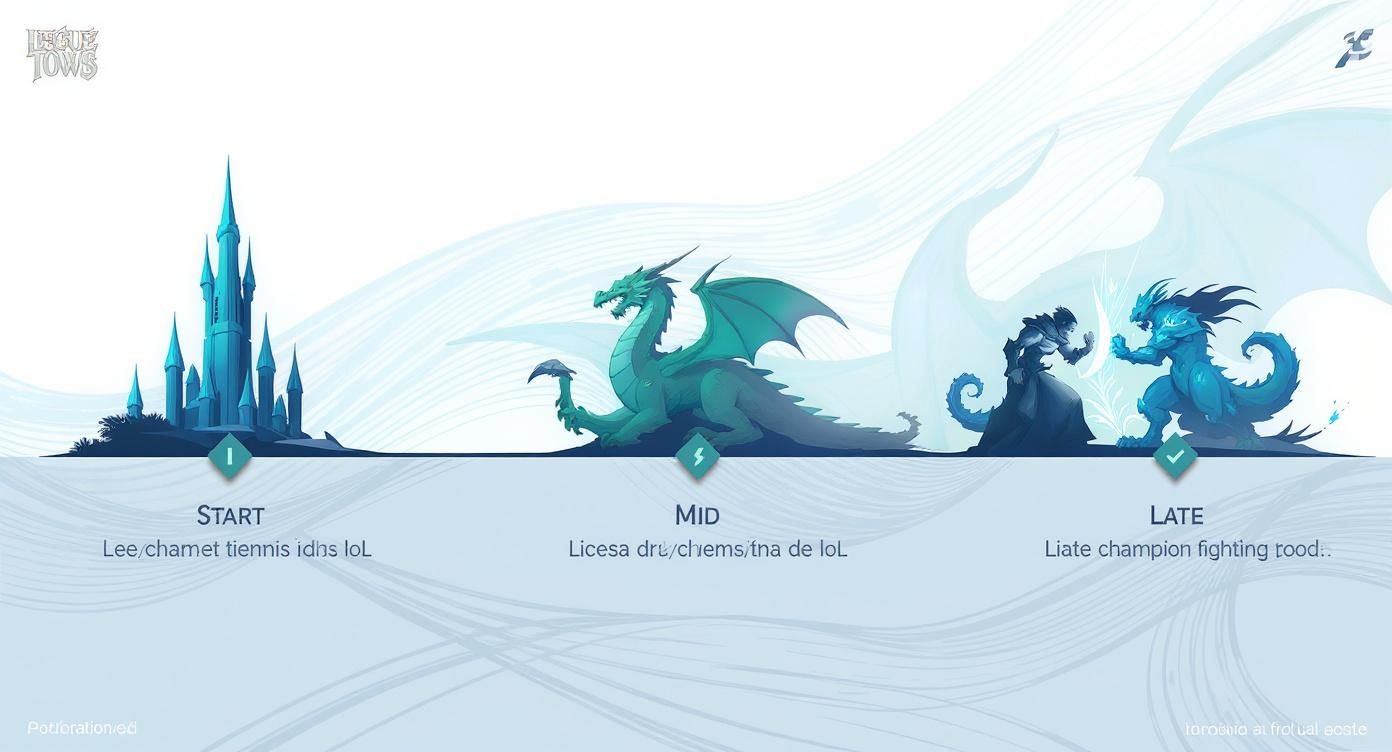 Línea de tiempo de League of Legends: evolución del juego con castillo, dragón y personajes luchando, de inicio a final.