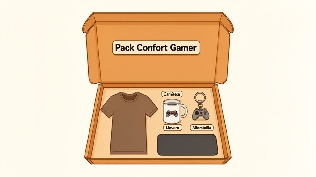 Caja de regalo "Pack Confort Gamer" abierta con camiseta, taza, llavero de mando y alfombrilla.