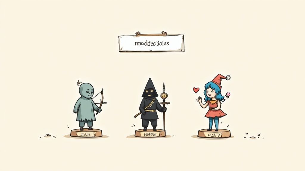 Ilustración de tres figuras de personajes de dibujos animados: un arquero, un verdugo y una chica alegre, cada uno en un pedestal.