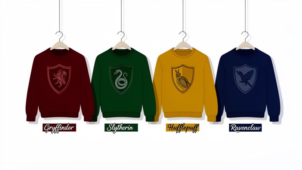 Cuatro jerséis de las casas de Harry Potter: Gryffindor, Slytherin, Hufflepuff y Ravenclaw.