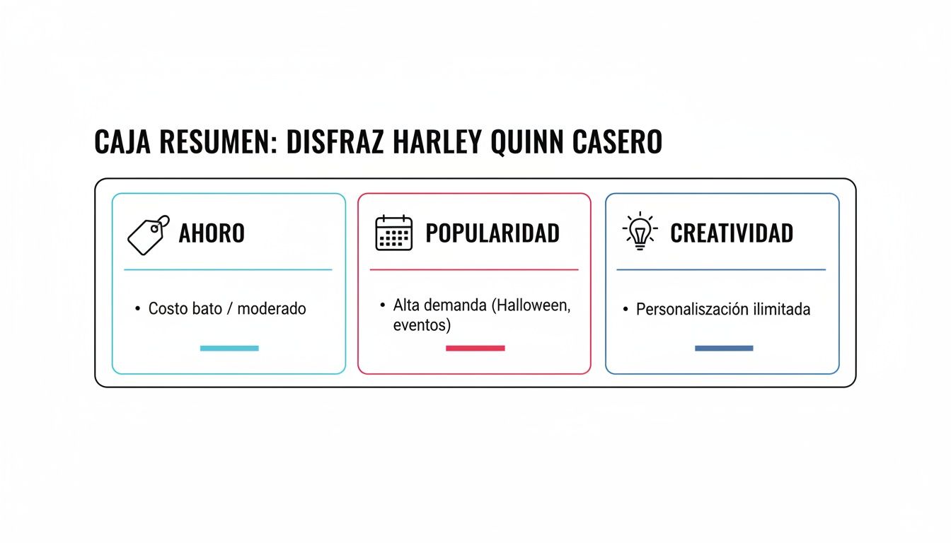 Caja resumen del disfraz de Harley Quinn casero, destacando ahorro, popularidad para Halloween y creatividad ilimitada.