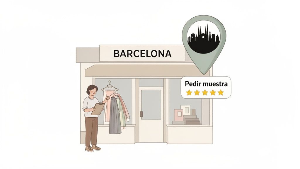 Una mujer inspeccionando ropa en una tienda de Barcelona con un pin de ubicación y la opción de pedir muestra.
