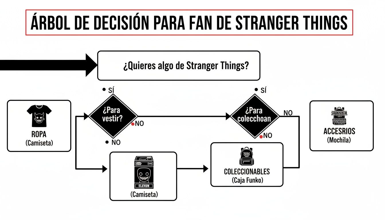Árbol de decisión para fans de Stranger Things que buscan qué merchandising comprar.