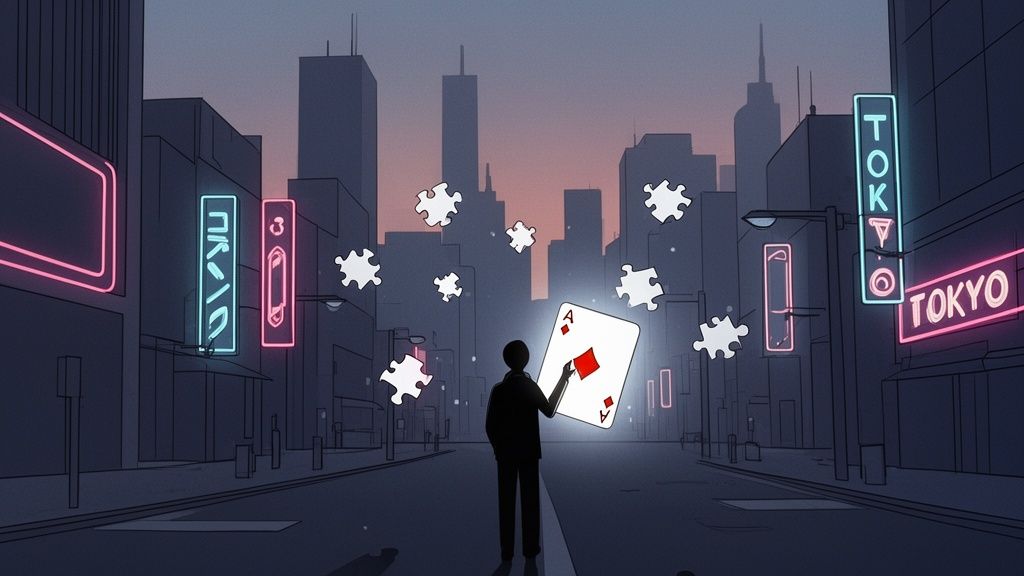 Persona en una calle de Tokio de noche sosteniendo un as de diamantes brillante, con piezas de rompecabezas flotando y letreros de neón.