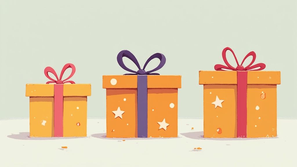 Tres cajas de regalo de diferentes tamaños, atadas con lazos de colores, sobre una superficie blanca y fondo verde claro.